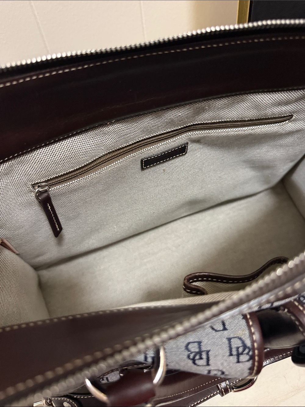 Dooney & Bourke Brown Leather Patterned Dual-Pocket Satchel with Top Handles - Picture 11 of 12